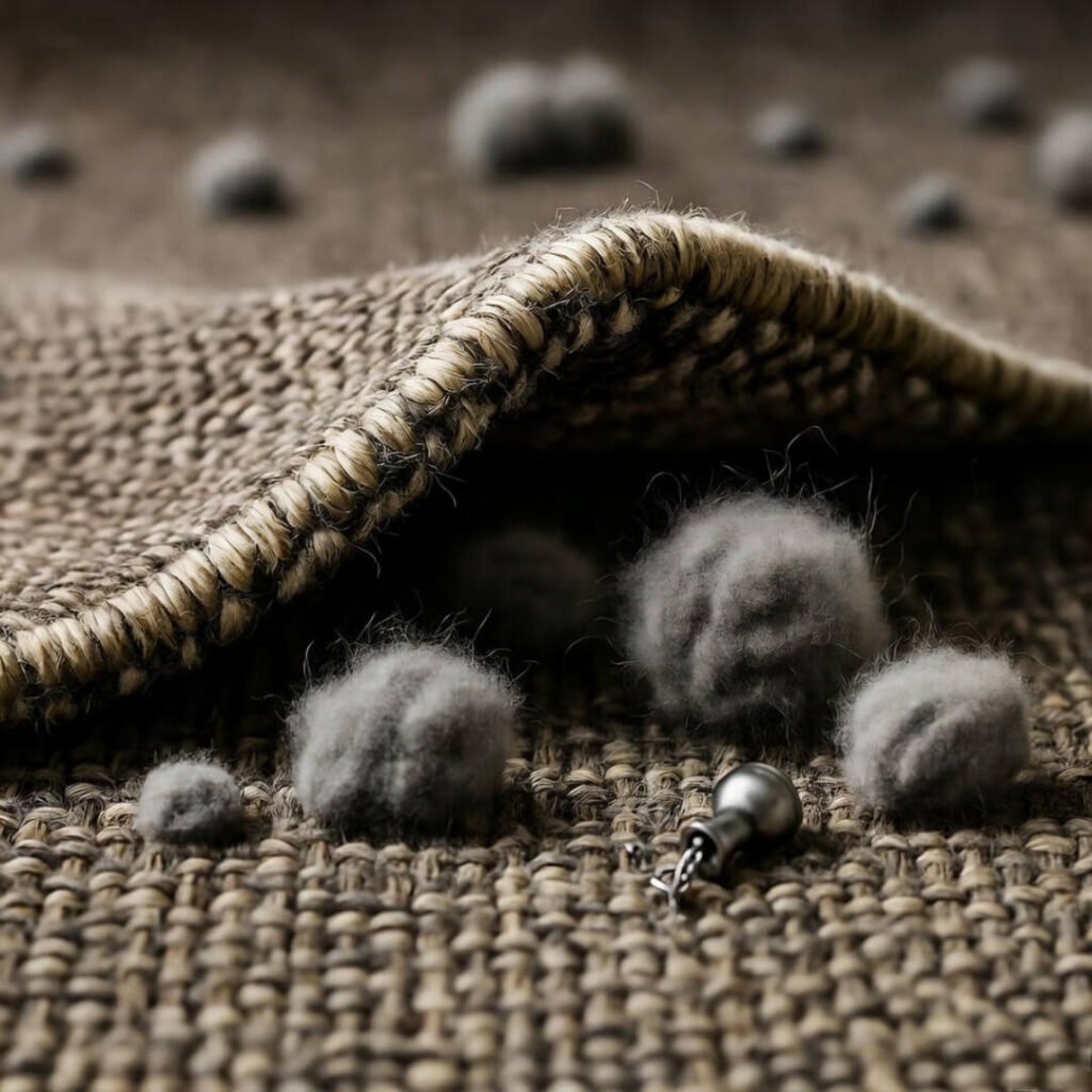 Lifted rug reveals massive dust bunnies and a lost earring.