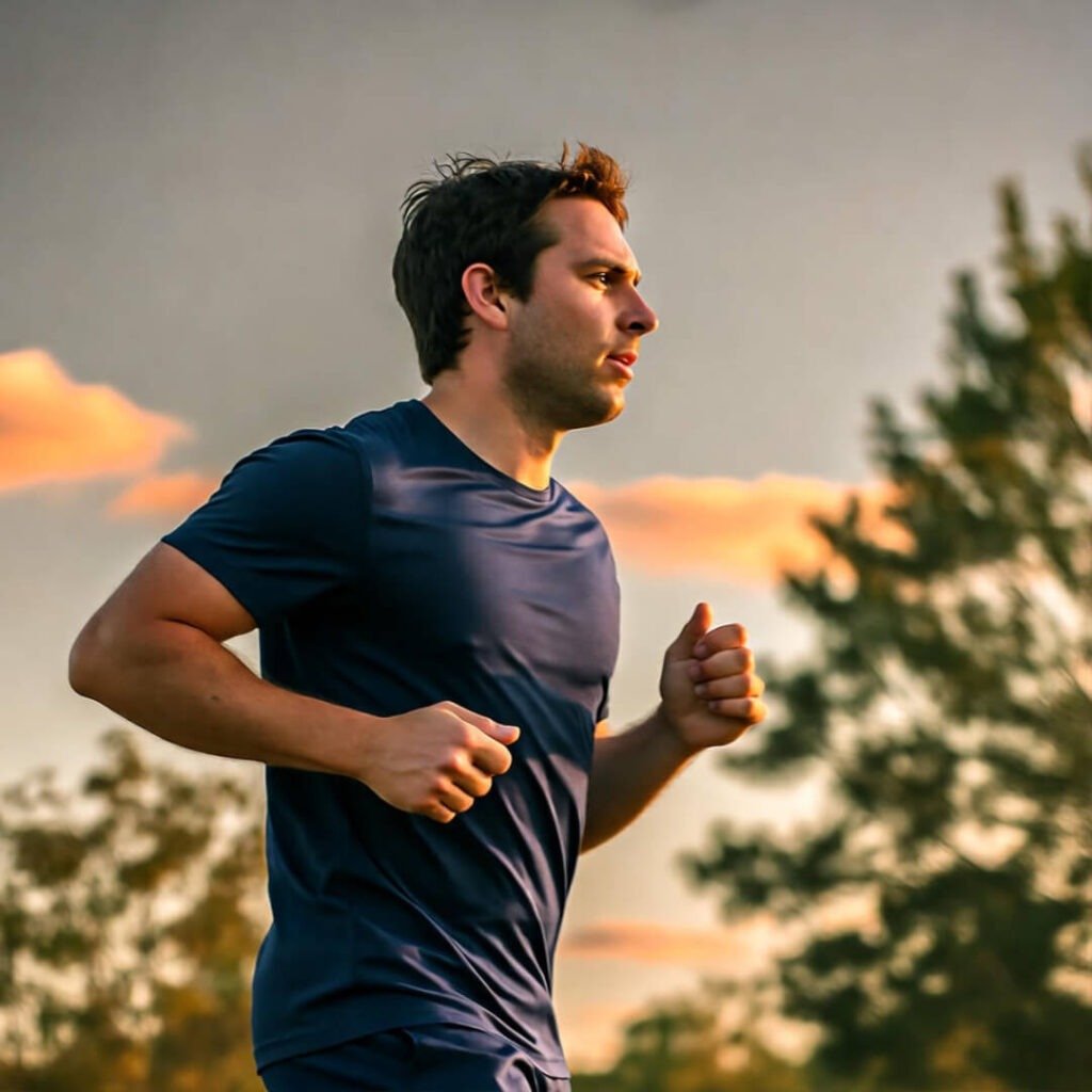 Jogger mid-stride, lungs burning, against hazy orange-gray sky, slightly out of focus.