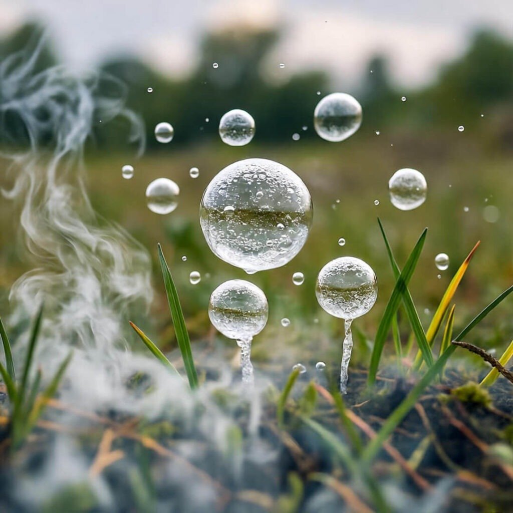 Blurry phone snap: methane bubbles rising in grass, steam from mug in foreground.