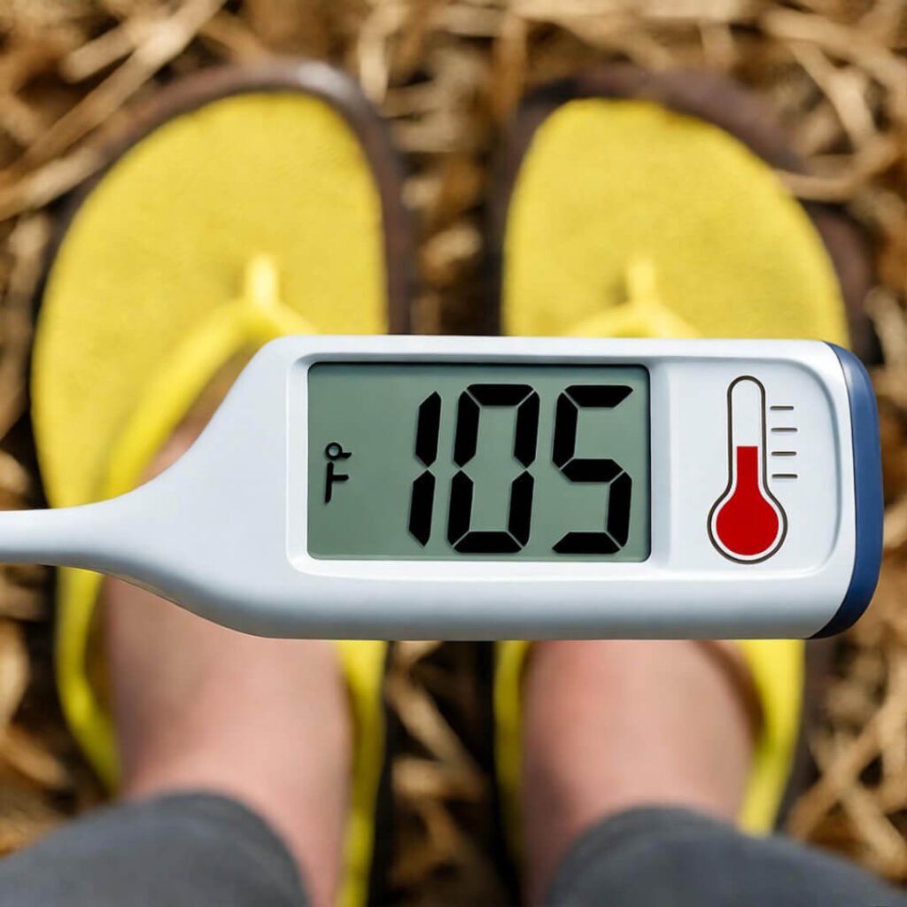 Thermometer reads 105°F amid yellow flip-flops on dry, crunchy grass.