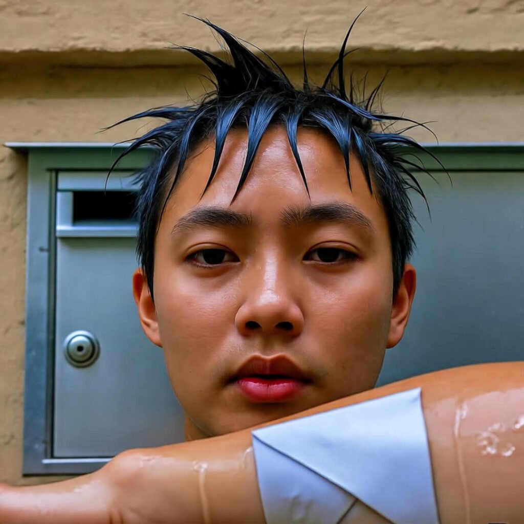 Sweaty selfie: envelope stuck to forearm, plastered hair, half-closed eyes by mailbox.