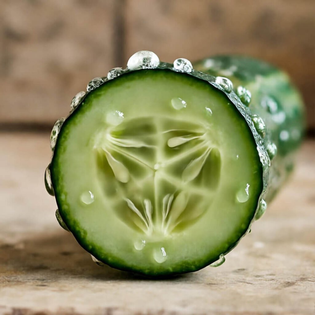 Bitten cucumber slice sweating on kitchen counter, condensation pooling.