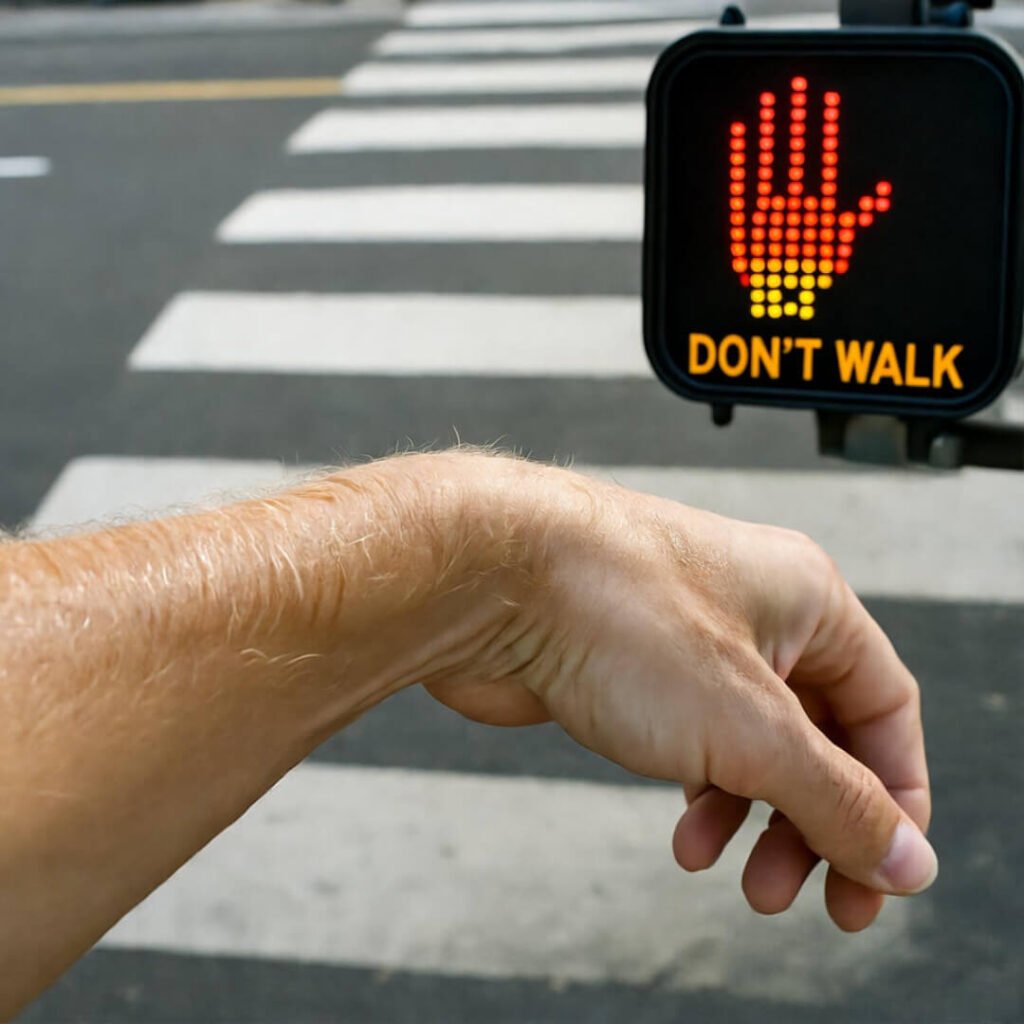 Sweaty arm drips onto crosswalk; glowing red "DON'T WALK" sign looms.