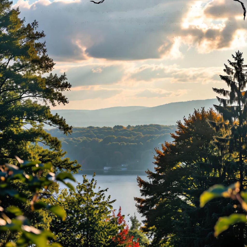 Sunlit lake surrounded by lush forest and distant hills.