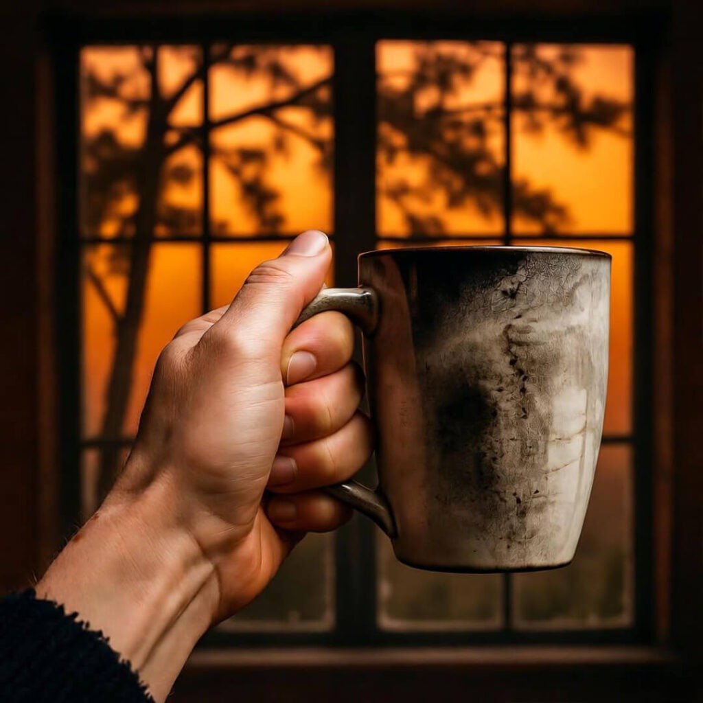 Trembling hand holds ash-smudged mug against eerie orange wildfire glow.