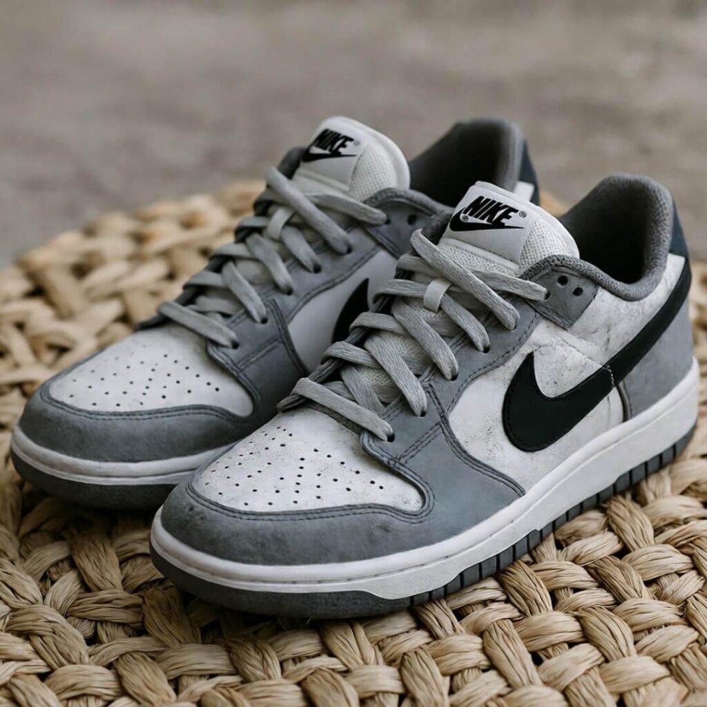 Dust-caked Nikes on welcome mat, evidence of smoky outdoor run.