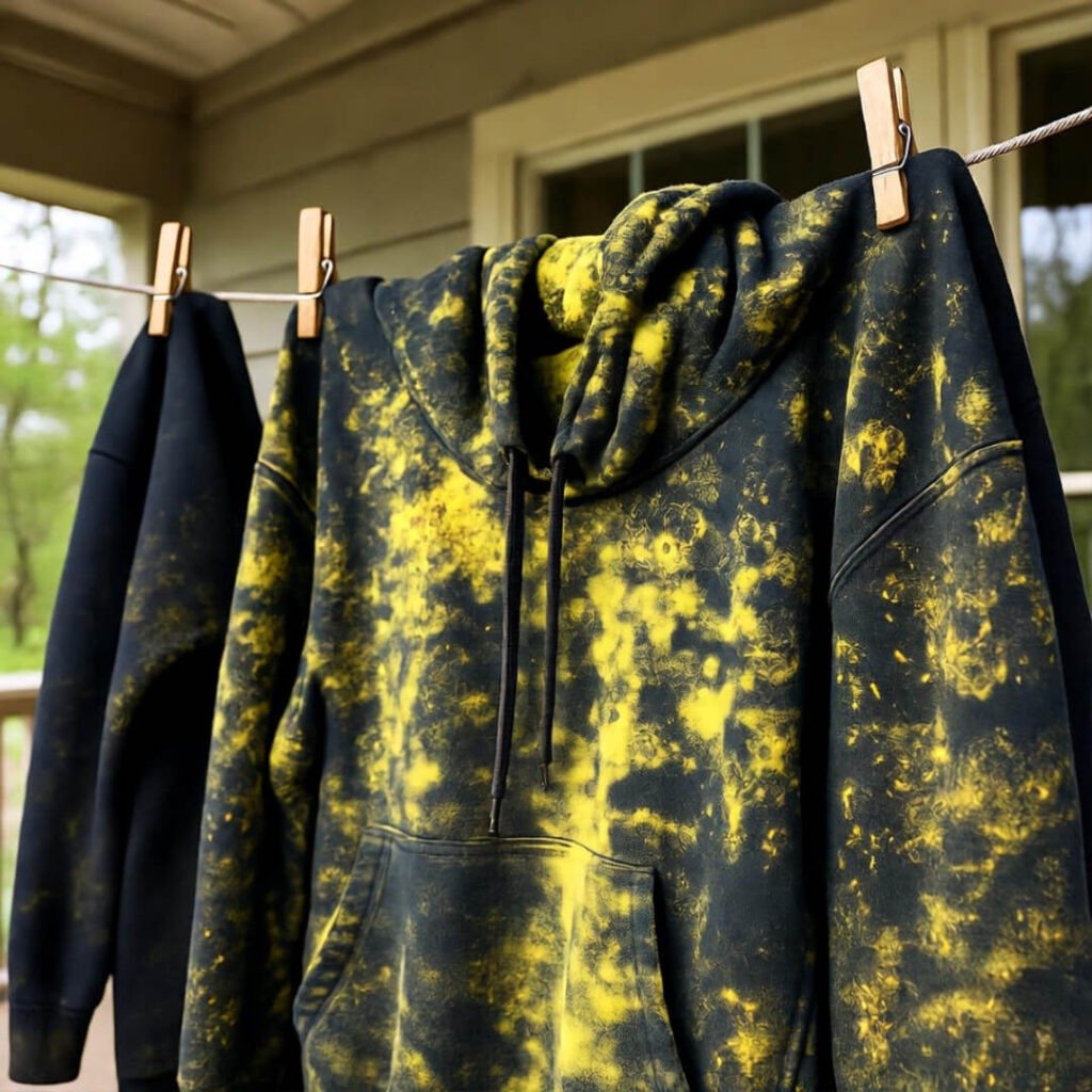 Black hoodies on porch line dusted yellow with pollen.