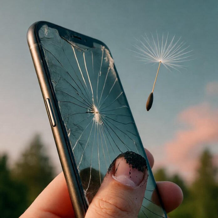 Cracked phone, ash thumb, drifting dandelion seed. Cracked phone, ash thumb, drifting dandelion seed.