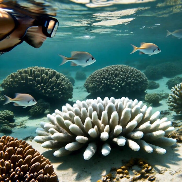 Snorkeler's View: Bleached Coral and Fleeing Fish Snorkeler's View: Bleached Coral and Fleeing Fish