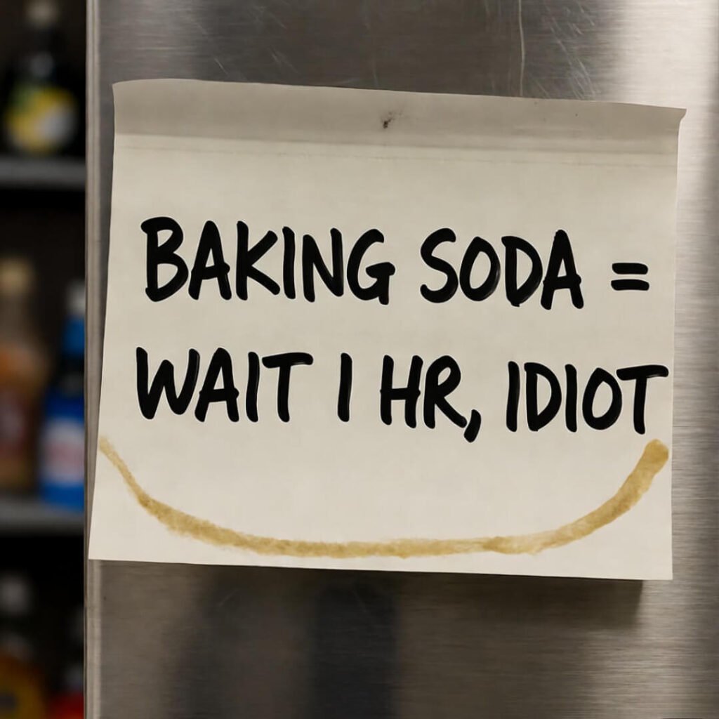 Crinkled Post-it on fridge: “BAKING SODA = WAIT 1 HR, IDIOT” with coffee ring.
