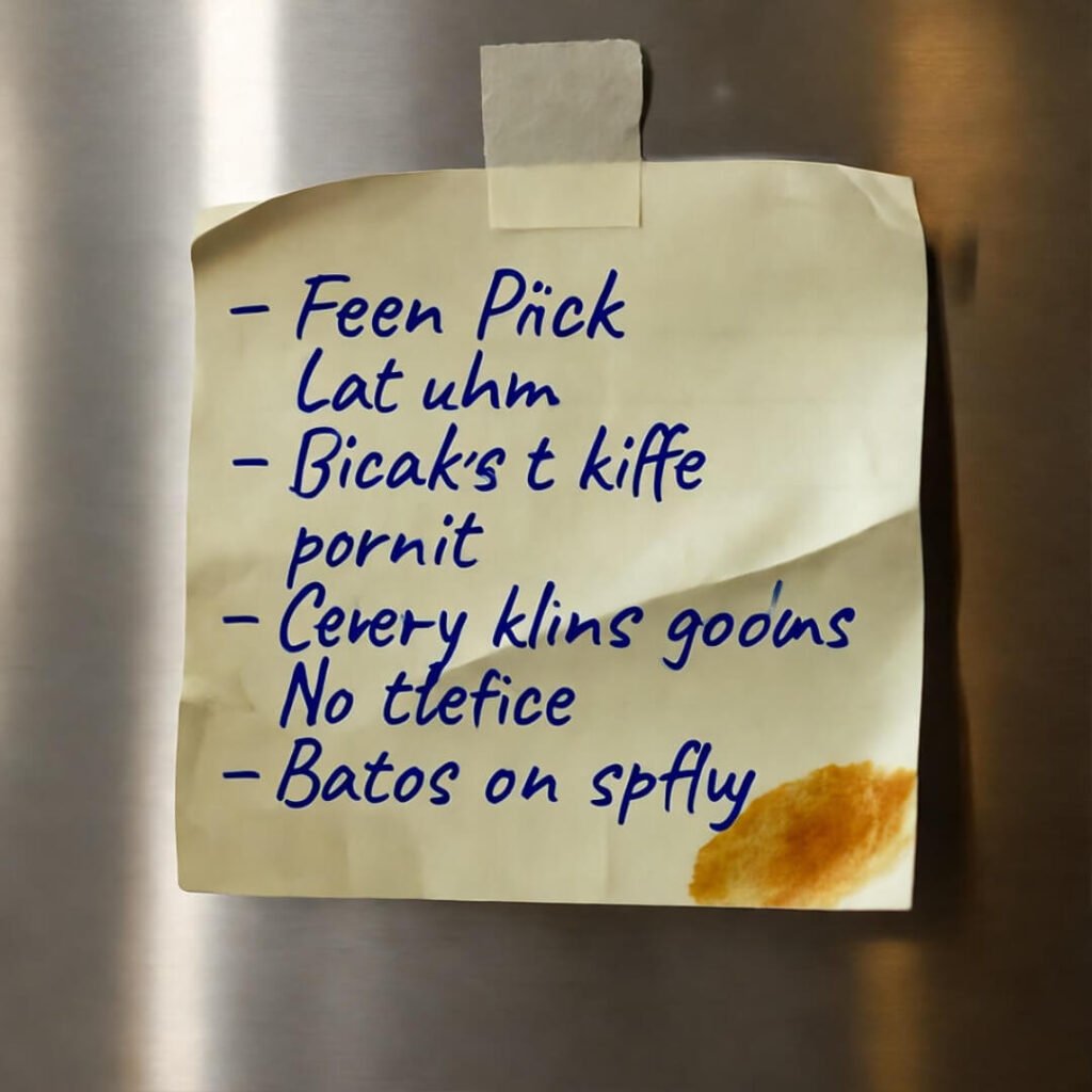 Crumpled sticky note on fridge: scribbled top 5 list in blue pen, coffee stain.