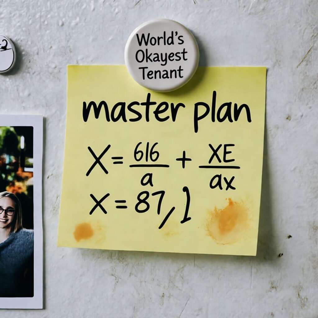 Scanned sticky note "master plan" with crossed-out math, coffee stains, "Okayest Tenant" magnet.