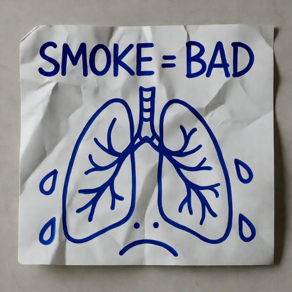 Crinkled sticky note: “SMOKE = BAD” with crying lungs doodle.