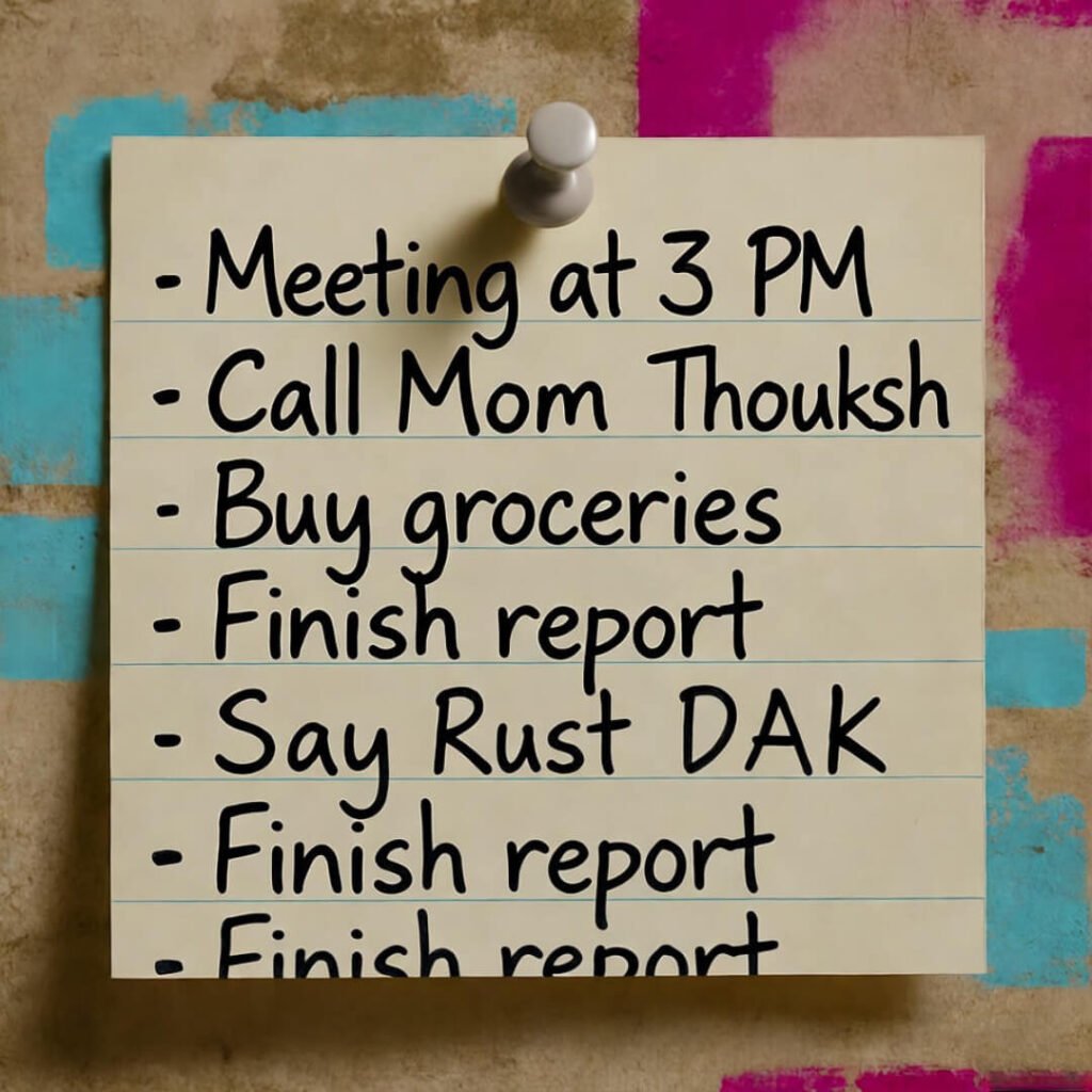 Sticky note to-do list pinned on colorful wall.