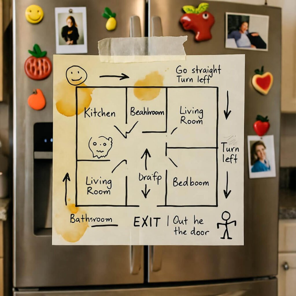 Hand-drawn evacuation map on fridge, coffee-stained with kid doodles.