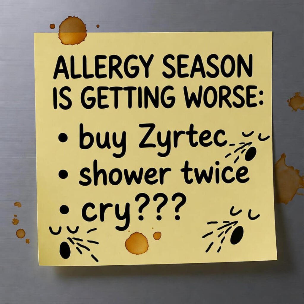 Crinkled Post-it: "ALLERGY SEASON WORSE: buy Zyrtec, shower twice, cry???" with sneeze doodles, coffee stains.