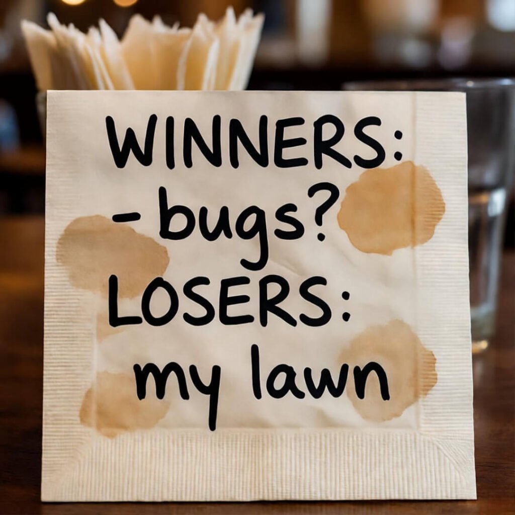 Syrup-stained Denny's napkin: "WINNERS: bugs? LOSERS: my lawn"