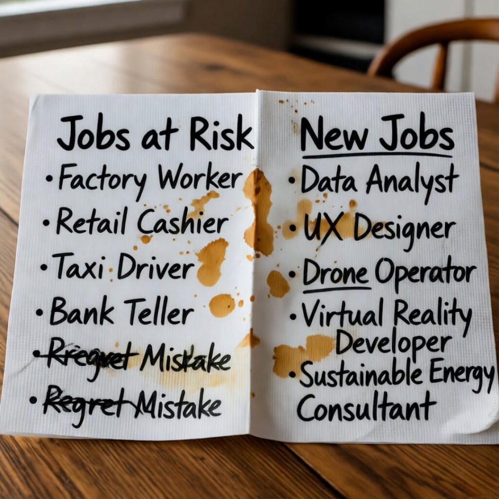 Coffee-stained napkin listing jobs at risk vs. new jobs, crooked on table.