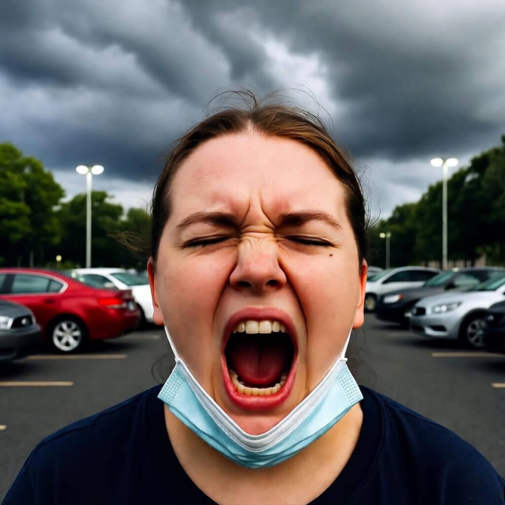Mid-sneeze, mask down, apocalyptic parking lot.