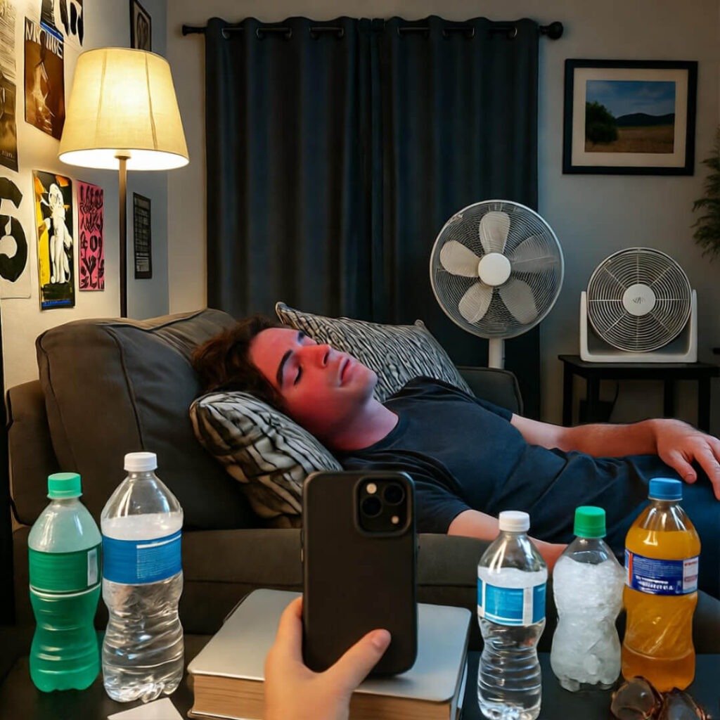 Crooked mirror selfie: passed out on couch amid fans, frozen bottles, blackout curtains.