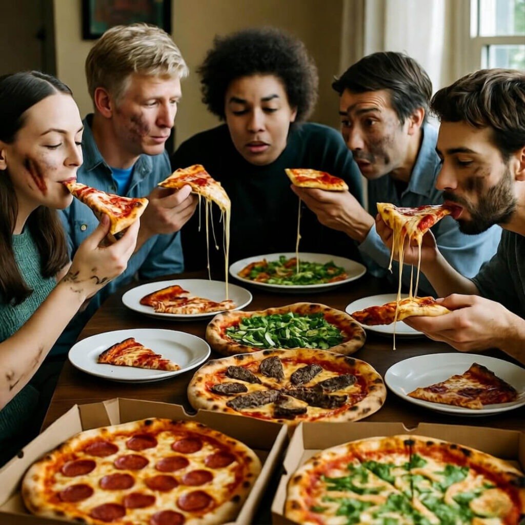 Crooked photo: soot-faced family forces smiles over pizza after surviving.