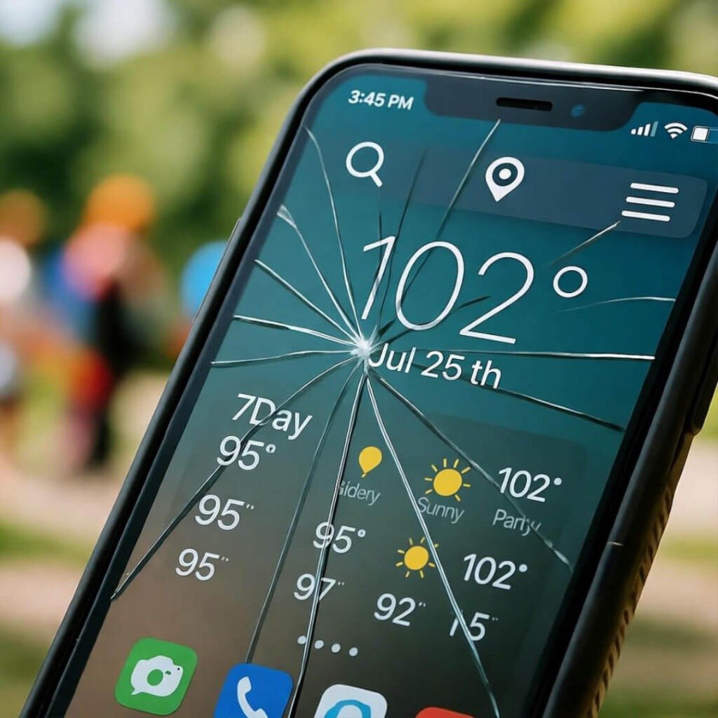 Cracked phone screen shows 102°F weather app.