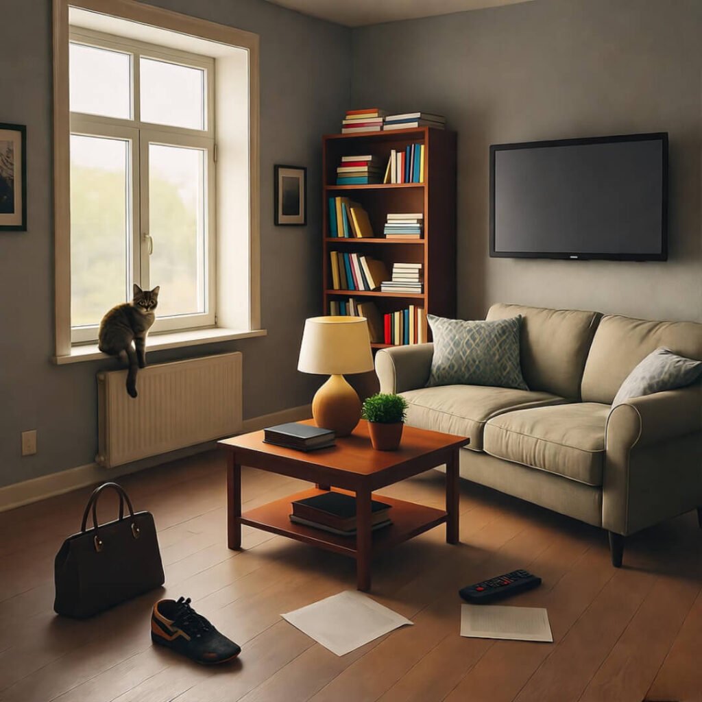 Cat judges from windowsill; couch at odd angle in rearrange chaos.