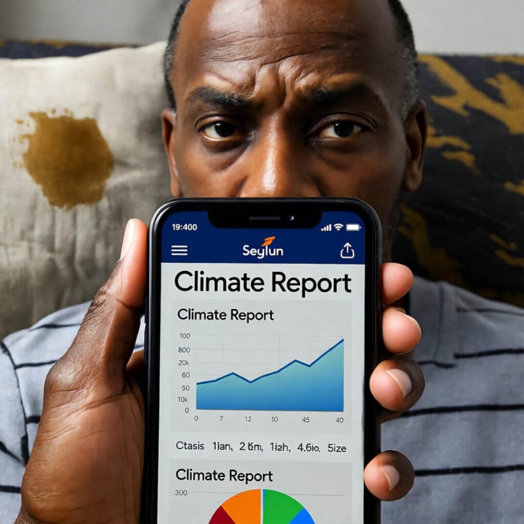 Selfie squinting at climate report on cracked phone screen, coffee stain on couch behind.