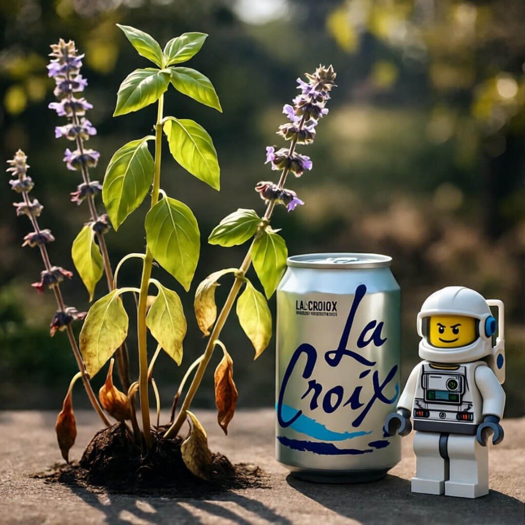 Drooping basil, flat LaCroix, LEGO astronaut.