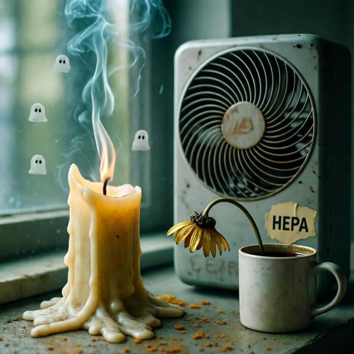 A lit **drippy candle** next to a **HEPA filter**, wilting flower in a mug, and **floating ghosts**. A lit **drippy candle** next to a **HEPA filter**, wilting flower in a mug, and **floating ghosts**.