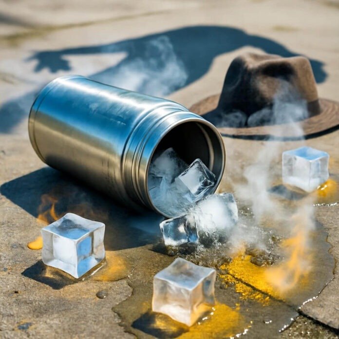 Spilled thermos, melting ice, crumpled hat, and panicky shadow on scorching concrete. Spilled thermos, melting ice, crumpled hat, and panicky shadow on scorching concrete.