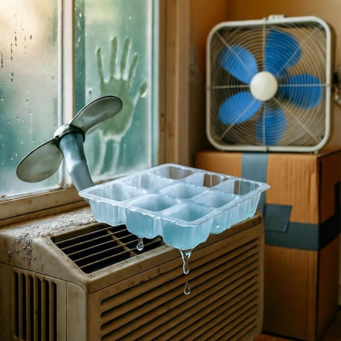 Half-melted ice tray on dusty AC, sweaty handprint, bent fan blade, hazy heat. Half-melted ice tray on dusty AC, sweaty handprint, bent fan blade, hazy heat.