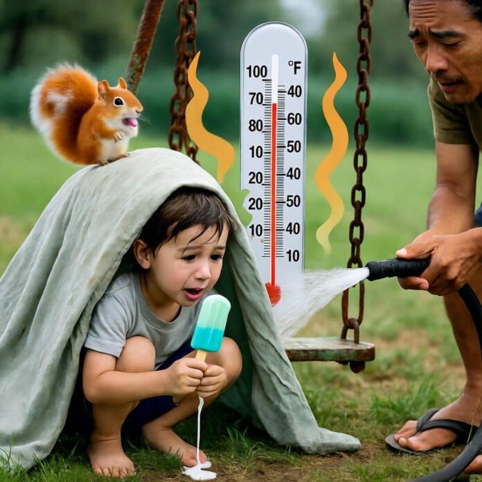 Sweaty kid under bedsheet tent holds melting popsicle as parent sprays hose; 100°F. Sweaty kid under bedsheet tent holds melting popsicle as parent sprays hose; 100°F.