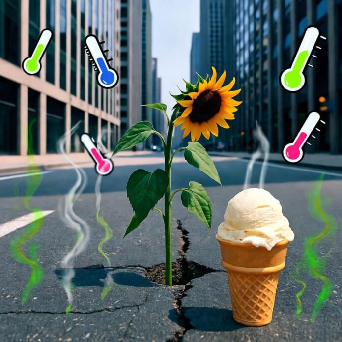Wilted sunflower in cracked pavement beside melting ice cream, floating thermometers swirl. Wilted sunflower in cracked pavement beside melting ice cream, floating thermometers swirl.