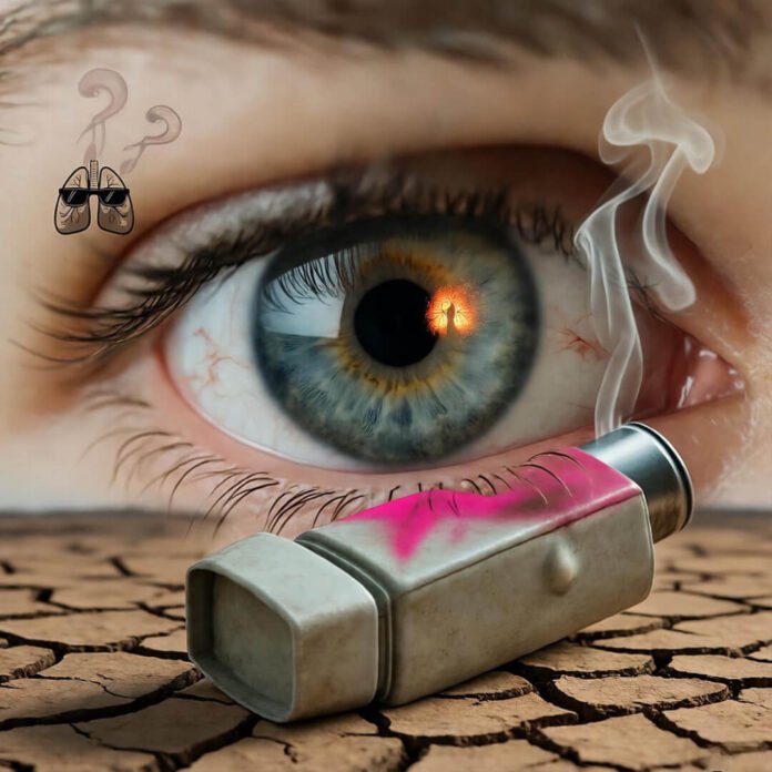 Bloodshot eye reflects ember; melted inhaler on cracked earth, cartoon lungs in smoke. Bloodshot eye reflects ember; melted inhaler on cracked earth, cartoon lungs in smoke.