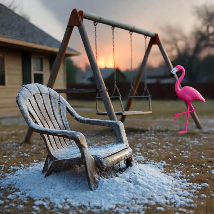 Melted lawn chair amid ash-covered swing set; pink flamingo stands untouched at dusk. Melted lawn chair amid ash-covered swing set; pink flamingo stands untouched at dusk.