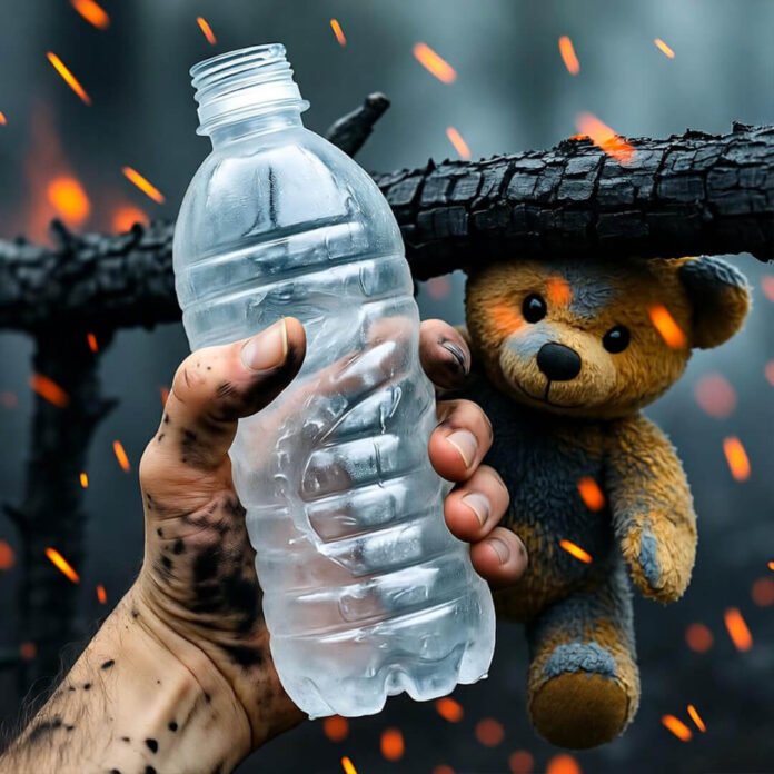 Soot-streaked hand clutches half-melted bottle; singed teddy bear hangs amid glowing embers. Soot-streaked hand clutches half-melted bottle; singed teddy bear hangs amid glowing embers.