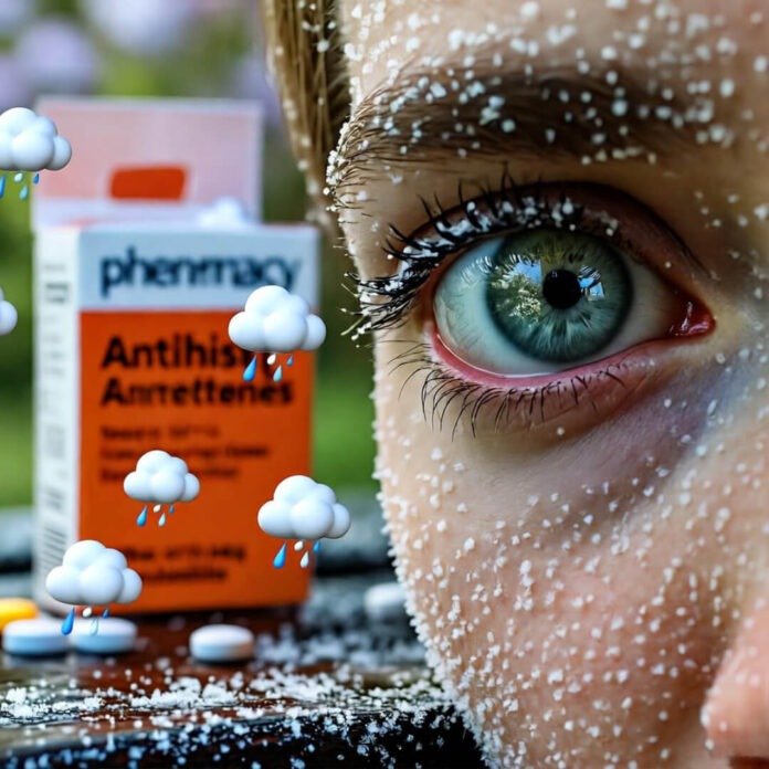 Red-rimmed eye reflects pollen-dusted dogwood; antihistamines spill amid sneeze-cloud emojis. Red-rimmed eye reflects pollen-dusted dogwood; antihistamines spill amid sneeze-cloud emojis.