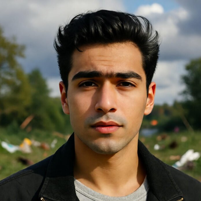 Young man staring ahead, storm debris scattered on grass under cloudy sky. Young man staring ahead, storm debris scattered on grass under cloudy sky.
