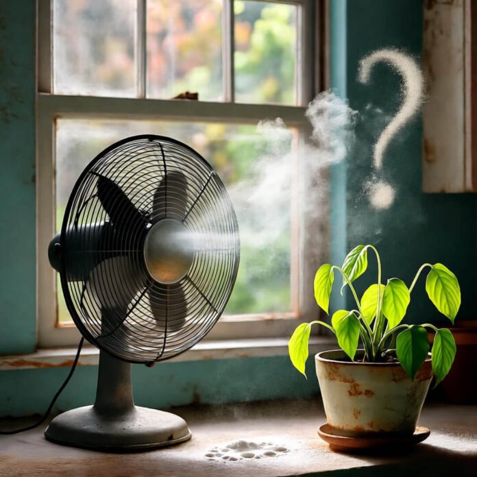 Dusty fan blows pollen past wilting plant; cat paw print in soda. Dusty fan blows pollen past wilting plant; cat paw print in soda.