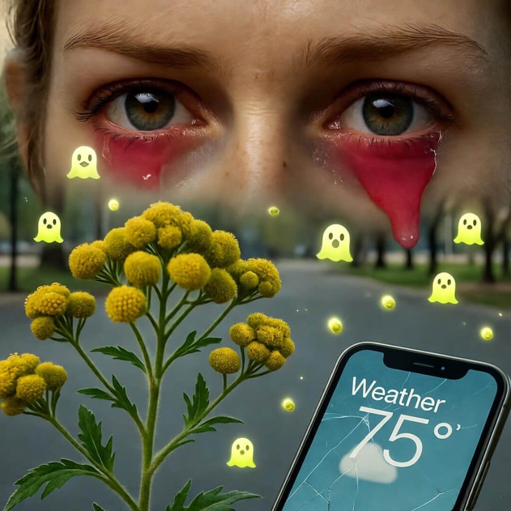 Tearful, red eyes above ragweed; cracked phone shows 75°F in March.