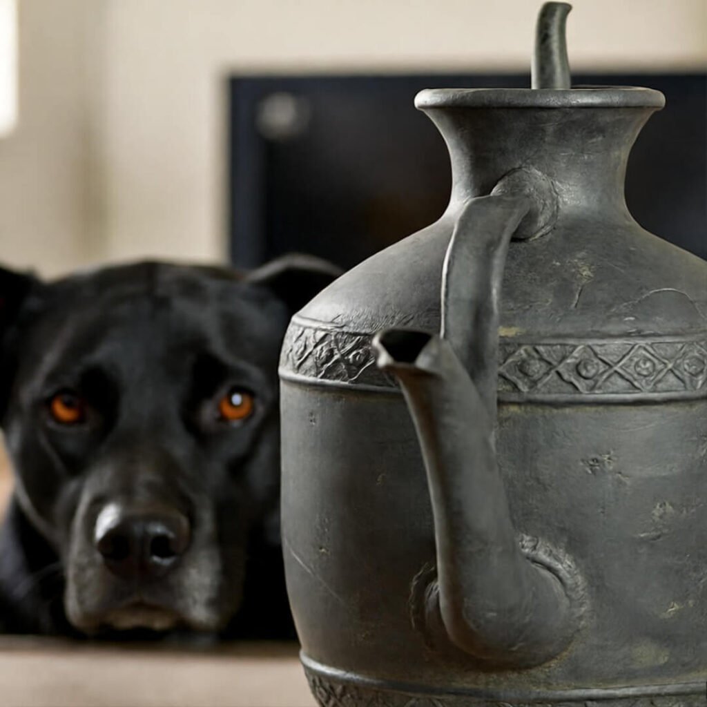 Blurry water jug, black dog with judging stare, chaotic vibe.