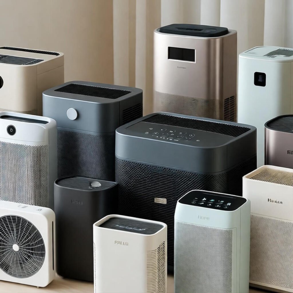Blurry snapshot of various air purifiers lined up for allergy relief.