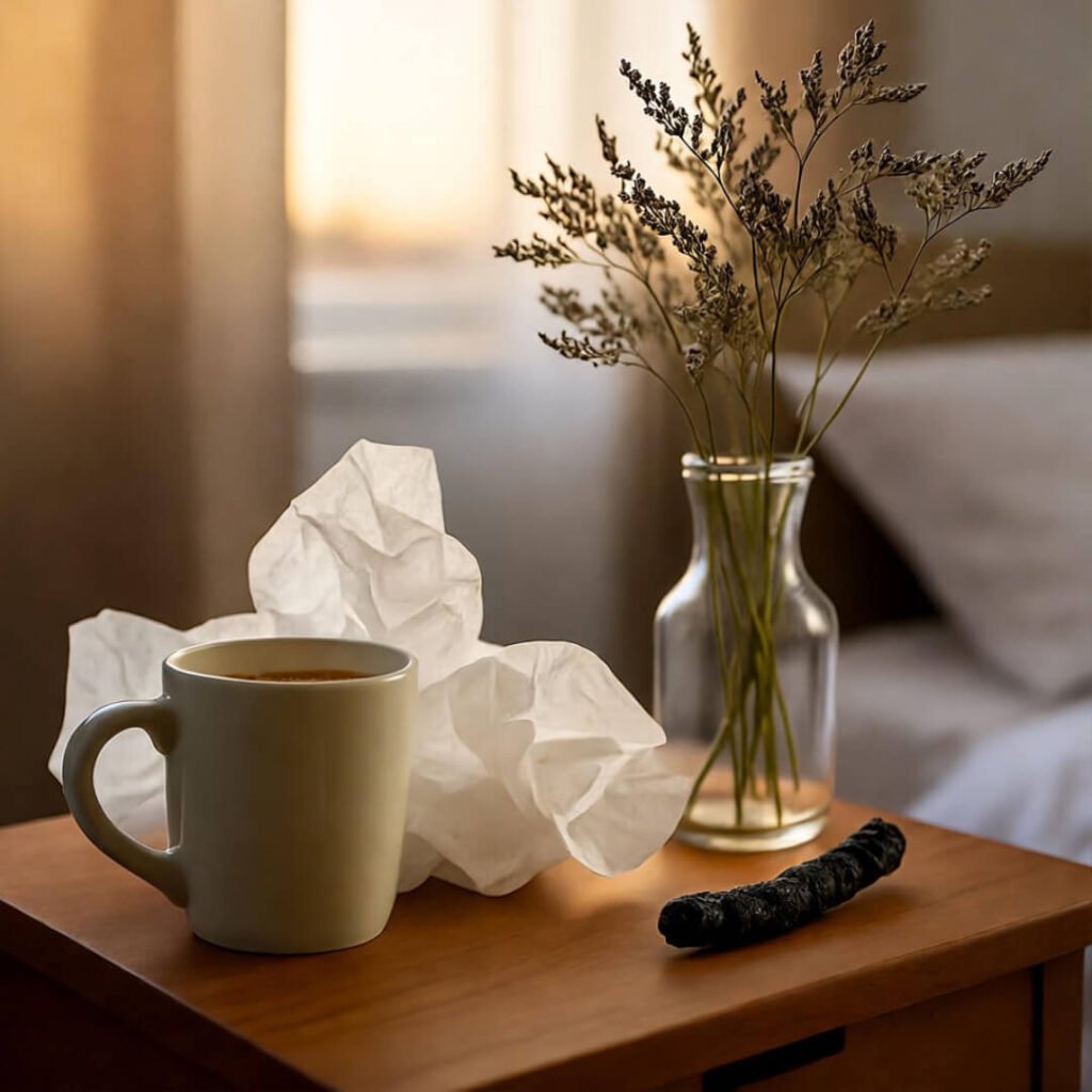 Dawn-lit nightstand: coffee ring atop Kleenex pile, dusty Cheeto nearby.
