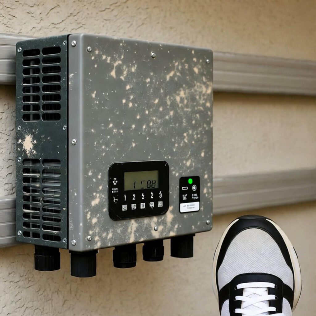 Dusty solar inverter with sneaker for scale, showing 1588.