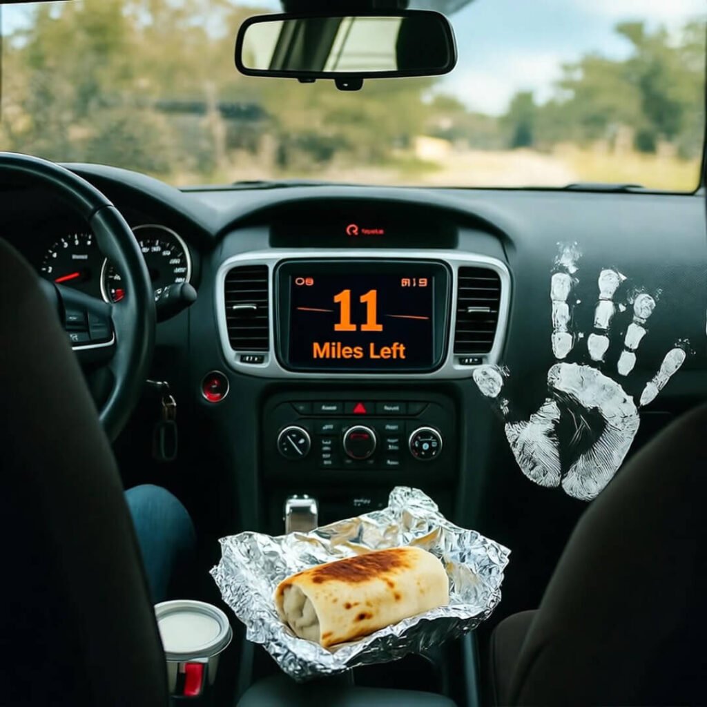 Dashboard shows 11 miles left, sticky handprint on window, half-eaten burrito on console.