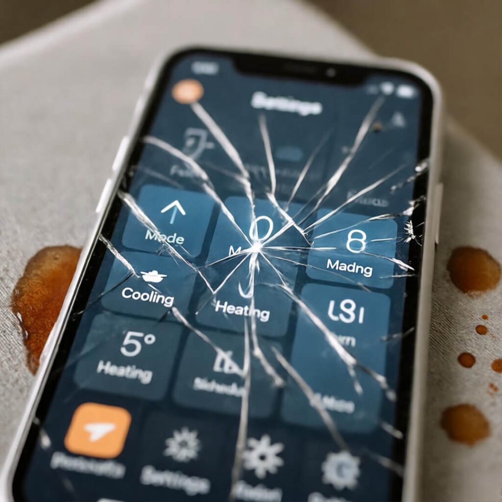Cracked phone shows thermostat app amid coffee stains, low-angle shot.