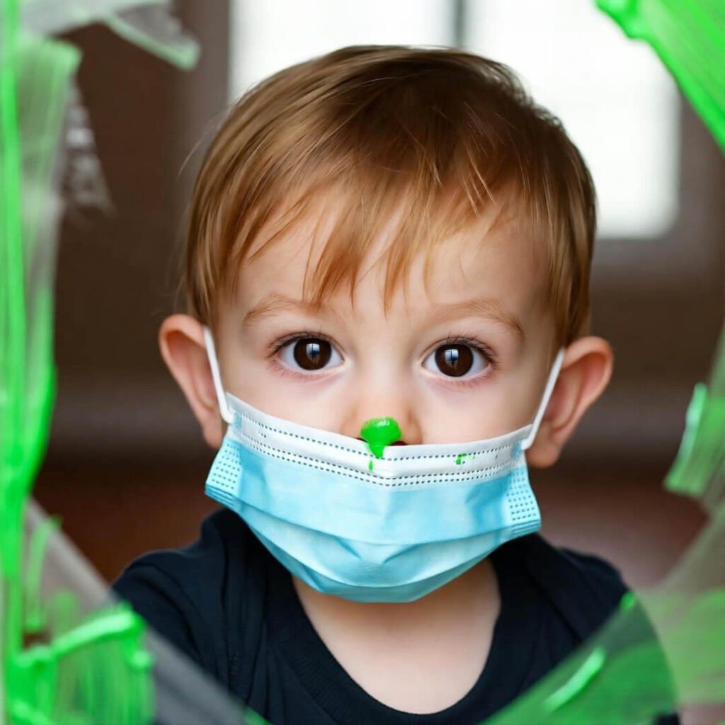 Blurry toddler in mask smears green kale paint on glass door.