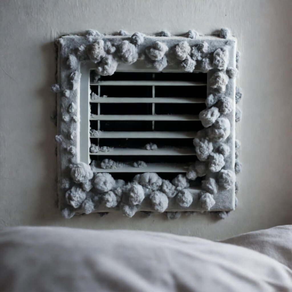 Groggy view from pillow: dusty air vent clogged with gray bunnies.