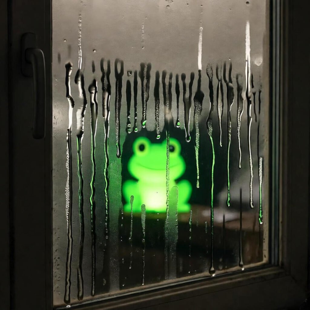 Blurry 2 a.m. shot: condensation tears streak window, green frog humidifier glows.